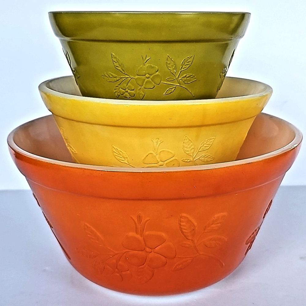 Vintage‎ Federal Glass Nesting Bowls Set 3 Floral Embossed Harvest MCM Retro